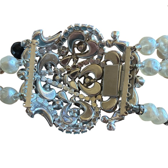 Vintage Brania Runway Black Glass & Clear Rhinestone Pearl Statement Necklace - Picture 6 of 9